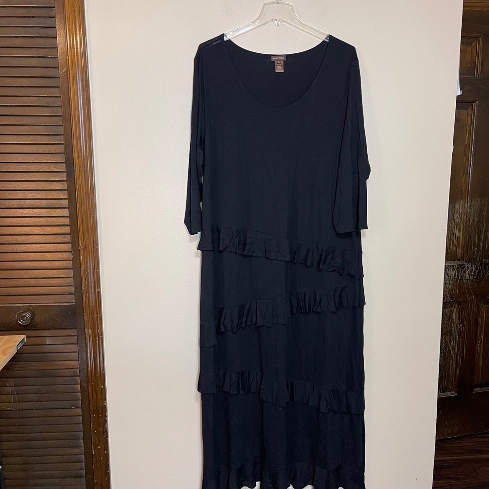 Multiples Womens 3X Black Tiered Ruffle Maxi Dress 3/4 Sleeve Scoop Neck Rayon
